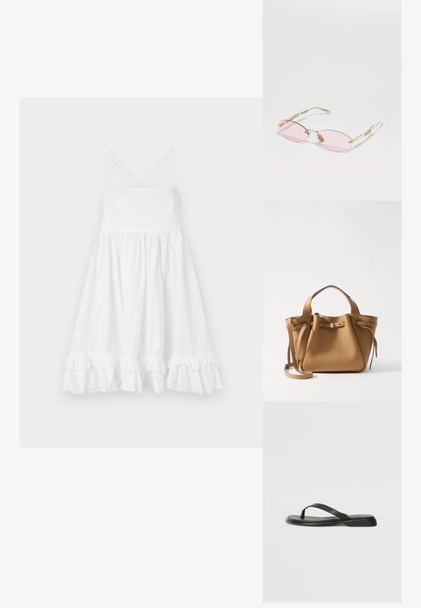 Rochie albă fără mâneci, cu un corset ajustat, fustă evazată și tiv ondulat. Realizată dintr-un material ușor, are bretele subțiri și decolteu în formă de V.; Sandale negre din piele netedă, cu un design cu curea subțire și o talpă plată cu un profil minimalist. Fără modele sau accente notabile.; Gucci Ochelari de soare - gold-coloured/pink; Tory Burch ROMY PEBBLED SATCHEL - Geantă de mână - tiramisu