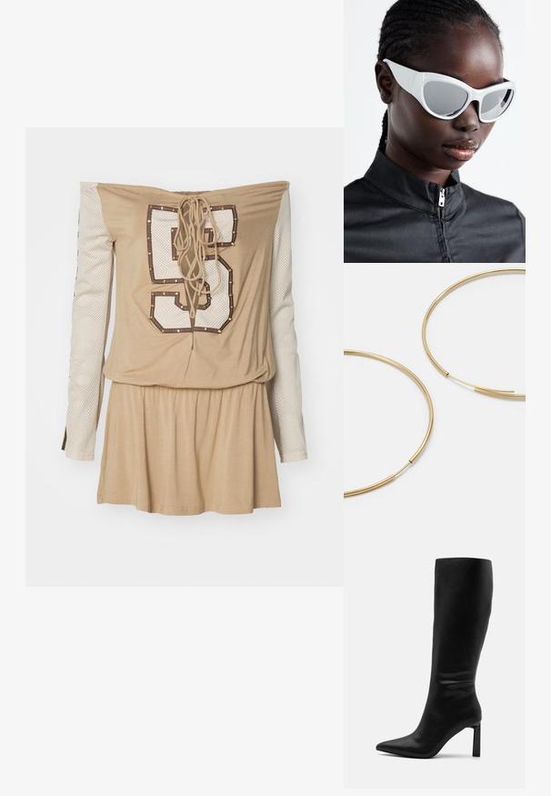 Beige off-shoulder dress with lace-up back, featuring a white mesh long sleeve and a large printed number "5" embellished with studs.; Even&Odd Boots - black; White sunglasses with a bold, oversized design and mirrored lenses, featuring smooth plastic frames and accentuated curves.; Gold-colored hoop earrings, thin and round in shape, with a smooth metallic finish and no embellishments or patterns.