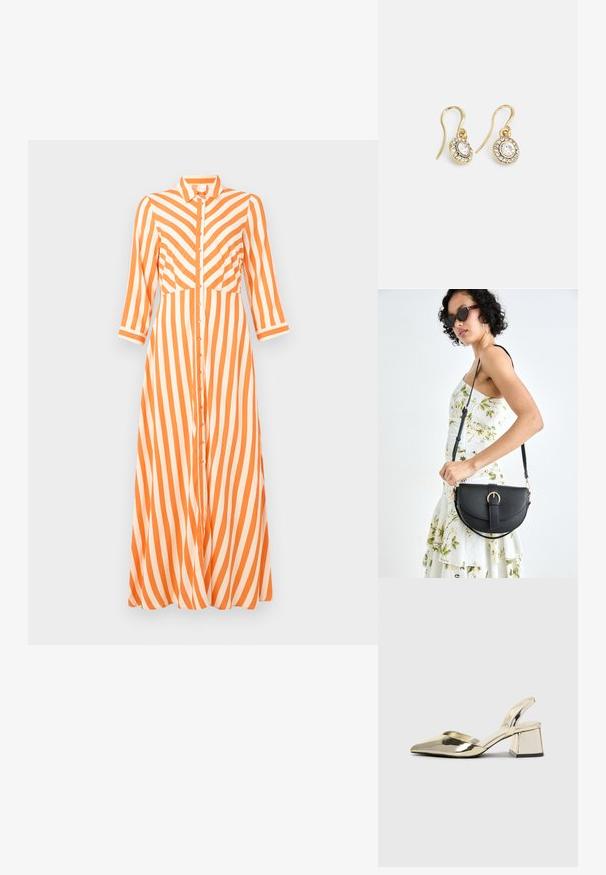 Abito a camicia caratterizzato da strisce verticali arancioni e bianche, maniche lunghe, collo a camicia e una vestibilità fluida con orlo dritto.; Tacchi slingback metallici color oro con punta appuntita e tacco grosso. Texture liscia, design minimalista e una cinghia stretta.; Borsa a tracolla nera in pelle con una forma curva, manico rimovibile e accessori dorati. La borsa presenta una patta con un dettaglio a fibbia.; Orecchini color oro con cristalli trasparenti di forma ovale circondati da pietre più piccole e trasparenti, dotati di un design a gancio per una vestibilità sicura.