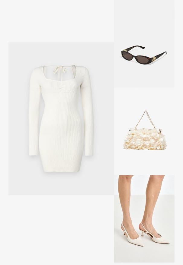 Fehér, bordázott, hosszú ujjú ruha négyzet alakú nyakkivágással, elöl csomózott részlettel és testhezálló fazonnal.; Beige patent bőr slingback magassarkúk hegyes orral és 5 cm-es sarokkal, kivágott oldalakkal és vékony bokapánttal.; Tortából készült napszemüveg, hosszúkás ovális lencsékkel, barna színű árnyalattal, arany logóval a fülkagylón, és karcsú fekete szárakkal.; Fehér virágmintás kézitáska gyűrt szövet felülettel, aranyszínű lánccal és fémetaljzattal. Textúrázott szirmokkal készült a részletesebb megjelenés érdekében.
