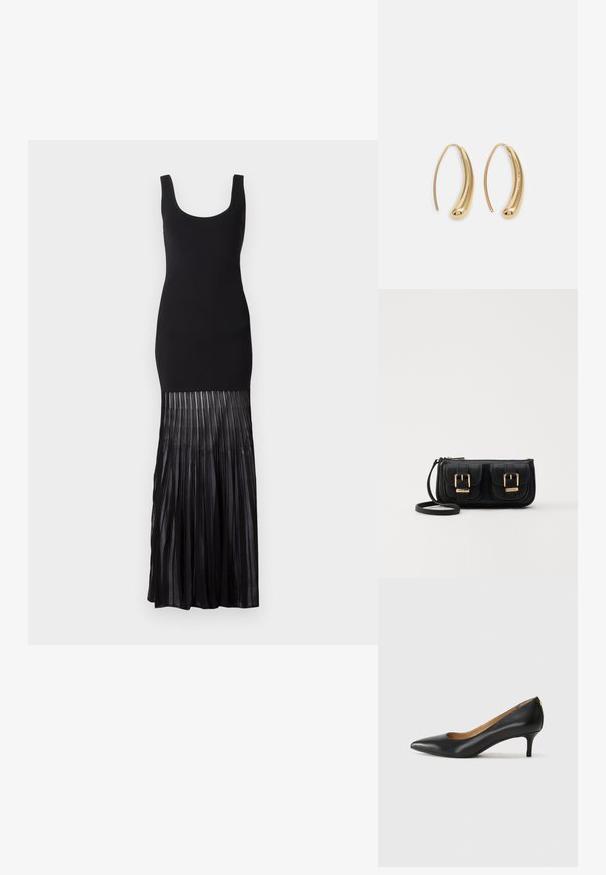 Vestido maxi preto com um topo justo e tecido transparente plissado na bainha, apresentando um decote arredondado e um design sem mangas.; Sapato de salto alto em pele preta com bico fino, salto baixo e textura suave. Apresenta uma ligeira abertura na parte da frente e mínima ferragem na parte de trás.; Bolsa de ombro em couro preto com dois bolsos frontais, fivelas douradas, fecho de zíper e uma alça fina. Superfície texturizada e forma retangular compacta.; Brincos em metal dourado com forma de arco alongado e curvado. Apresentam uma superfície lisa e brilhante, com uma ponta arredondada para um detalhe adicional.