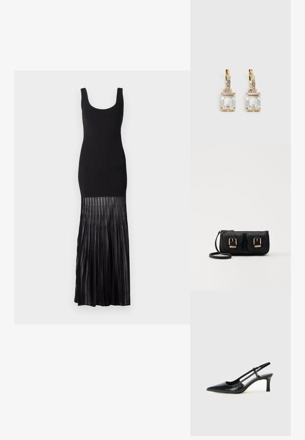 Robe maxi noire avec un haut ajusté et un tissu transparent plissé à l'ourlet, présentant un décolleté arrondi et un design sans manches.; Escarpin slingback en vernis noir avec un bout pointu, présentant un imprimé serpent texturé, une sangle réglable et un petit talon bloc texturé.; Sac en cuir noir porté en travers avec deux poches avant, boucles dorées, fermeture zippée et une sangle fine. Surface texturée et forme rectangulaire compacte.; Boucles d'oreilles en or lumineux avec un cristal rectangulaire transparent pendent sous une rangée de petits accents ronds transparents. Design élégant et moderne.
