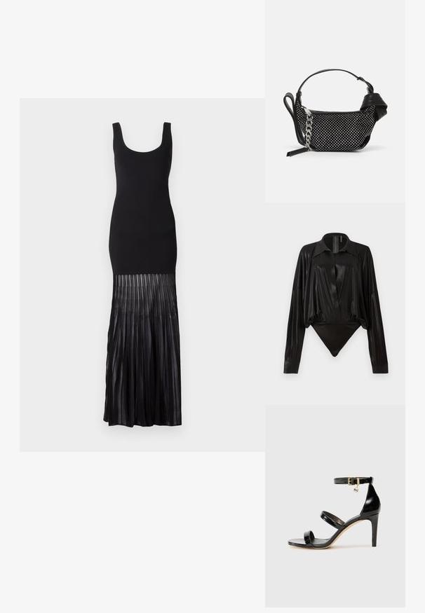 Čierna maxi šaty s priliehavým vrchom a skladanou priehľadnou látkou na spodnom leme, s výstrihom do lodičky a bezrukávovým dizajnom.; Čierny body s dlhými rukávmi, výstrihom do V a priliehavým strihom. Vyrobené z lesklého, hladkého materiálu so štruktúrovaným golierom a manžetami.; Čierne lakované sandále s tromi pásikmi, spona na členku a 10 cm ihlovým podpätkom. Obsahujú zlaté detaily s hardwarem a logo prívesok.; Čierna kabelka so cvočkovými ozdobami, reťazovou rukoväťou a hladkým koženým držadlom, so zaobleným tvarom a zipsovým oddelením.