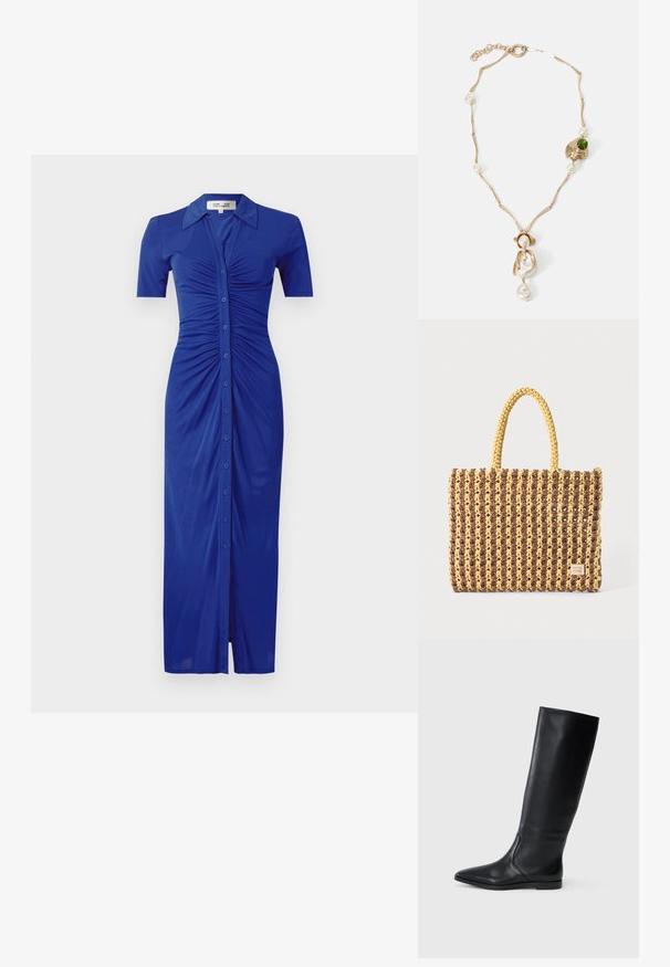 Kék gombos ruha rövid ujjakkal, ráncolt részletezéssel, gallérral és alsó részen hasítékkal, sima anyagból készült.; Fekete bőr, térdig érő csizma hegyes orral és minimalista dizájnnal. Simább textúra és lapos talp, diszkrét oldalsó varrási részletekkel.; Barna és sárga színű, téglalap alakú, két füles táska, textúrált felülettel, látható varrásokkal és márkacímkével.; Arany színű nyaklánc csavart láncszemekkel, fehér gyöngyökkel és zöld kő díszítéssel. Bonyolult részletekkel rendelkezik, és zárómechanizmussal van ellátva.