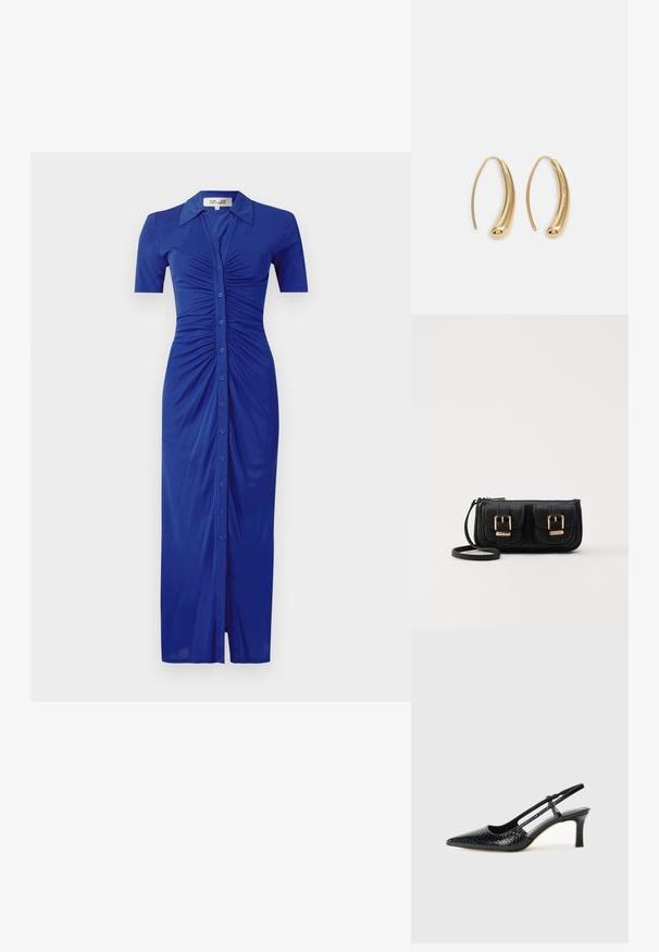 Kék gombos ruha rövid ujjakkal, ráncolt részletezéssel, gallérral és alsó részen hasítékkal, sima anyagból készült.; Fekete lakk slingback sarok, hegyes orral, texturált kígyómintával, állítható pánttal és rövid, texturált tömbsarkal.; Fekete bőr keresztbody táska két elülső zsebbel, arany csattokkal, cipzáras záródással és vékony pánttal. Textúrált felület és kompakt téglalap alak.; Aranyszínű fémből készült karika fülbevalók ívelt, hosszúkás formával. Simaságával és fényes felületével, valamint lekerekített végével további részletekkel bővül.