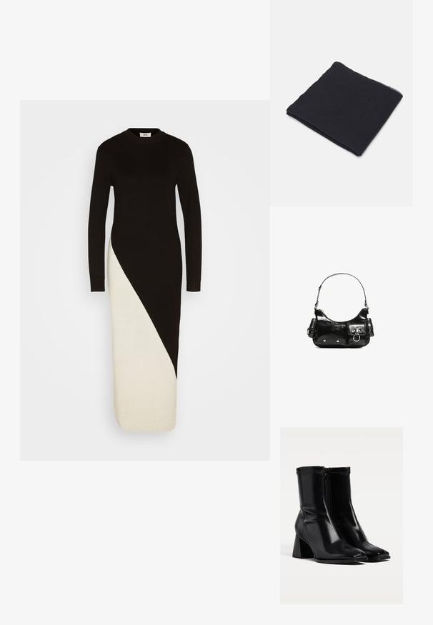 Schwarz- und cremefarbendes Strickkleid mit langen Ärmeln, einer gerippten Textur und einem diagonalen Farbblockdesign von der Taille bis zum Saum.; Schwarze Knöchelstiefel aus glänzendem Leder, mit einem mittelhohen Blockabsatz, Reißverschluss und spitzem Zehendesign. Glatte Textur mit minimaler Naht.; Schwarz rechteckiger Schal aus weichem Material, mit einem schlichten Design, leicht fransigen Kanten und einer glatten Textur.; Schwarze Lackleder-Handtasche mit geschwungenem Design, einem Schulterriemen, Vordertaschen und silberfarbenen Hardware-Akzenten.; Goldfarbene mehrschichtige Halskette mit zwei Ketten, eine mit kleinen Perlen und einem runden Anhänger. Mit strukturierten Gliedern und verstellbarem Verschluss.