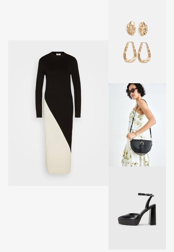 Juodas ir kreminis megztas suknelė su ilgomis rankovėmis, raukšlėta tekstūra ir įstrižai blokuota spalvų kombinacija nuo liemens iki hem.; Juodi platforminiai aukšti kulniukai su smailiu kojų pirštu ir reguliuojamu kulkšnies dirželiu. Pagaminti iš lygaus odos, turi masyvų blokinį kulną.; Juodas odinis krepšys su išlenkta forma, nuimamu dirželiu ir auksiniais detalėmis. Krepšys turi kilpą su sagtimi.; Auksinės auskarai, turintys tekstūruotus, bangų formos elementus. Įeina skulptūriniai segami auskarai ir atviri lankai su išmuštu paviršiumi.