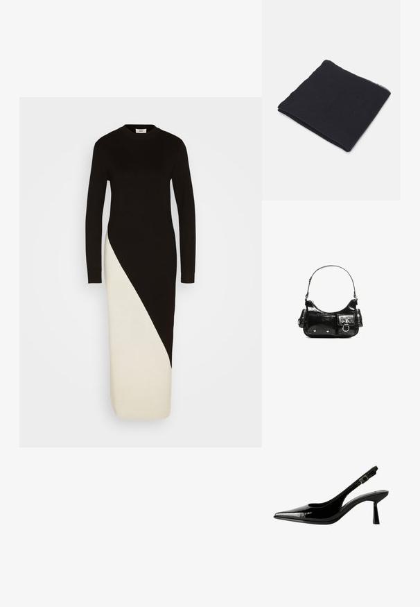 Crna i krem pletena haljina s dugim rukavima, rebrastom teksturom i dijagonalnim dizajnom blok boje od struka do rubova.; Crne lakovane kožne cipele s otvorenom petom, šiljastim vrhom, izrezanim stranama, podešavajućom naramenicom i tankim, elegantnim potplatom.; Crni rectangularni šal napravljen od mekog materijala, s jednostavnim dizajnom koji ima blago strgane ivice i glatku teksturu.; Crna patentna kožna torba s zakrivljenim oblikom, jednim remenom za rame, prednjim džepovima i akcentima od srebrnog tona.; Zlatna višeslojna ogrlica koja sadrži dva lanca, od kojih jedan ima male perle i okrugli privjesak. Uključene su teksturirane karike i podesiva kopča.