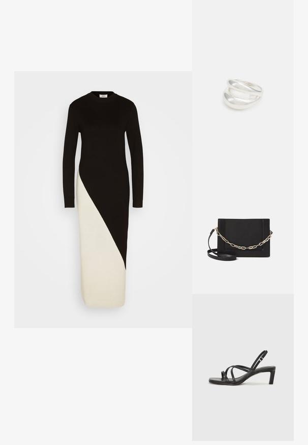 Vestido de punto en negro y crema con mangas largas, textura acanalada y un diseño de bloques de color diagonal desde la cintura hasta el dobladillo.; Sandalia negra de tiras con punta cuadrada y tacón bajo de bloque. Presenta múltiples tiras delgadas y una correa ajustable en el tobillo. Fabricada en cuero suave.; Bolso cruzado de piel negra con textura suave, forma rectangular y un detalle de cadena metálica en el frente. Incluye una correa ajustable.; Anillo de plata de doble banda con una superficie lisa y pulida. Presenta un diseño fluido y curvado con secciones superpuestas para un aspecto moderno.