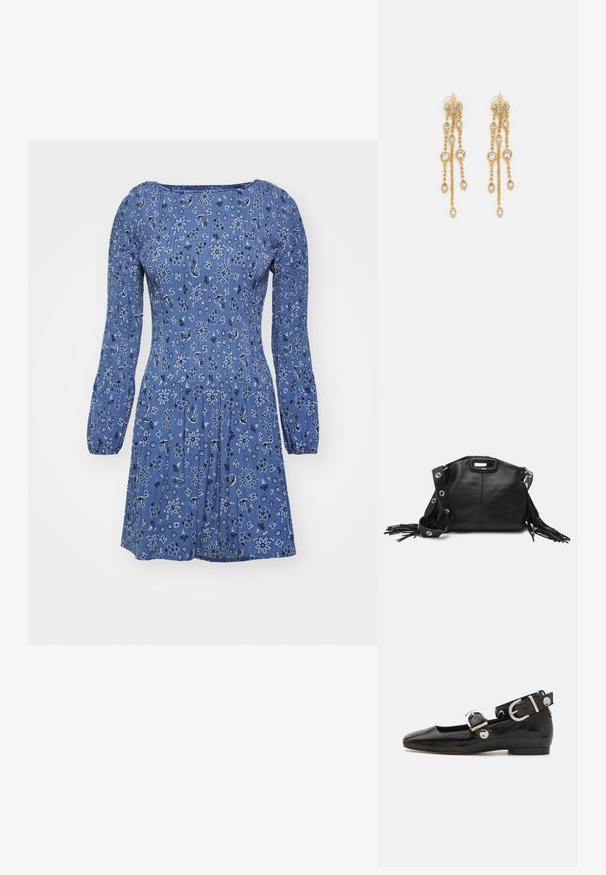 Blå blomstrete kjole med lange puffede ermer, har en tettsittende liv og innsamlet midje, laget av lett stoff med en teksturert finish.; Sorte lakkderflat sko med firkantet tå, ankelstropp med sølvfarge detaljer, og flat såle. Glatt tekstur med minimalistisk design.; Maje MISS MINI - Skulderveske - noir; Gullfargede øreringer med flere hengende kjeder, med klare ovale rhinestein aksenter og dekorative stud-topper.