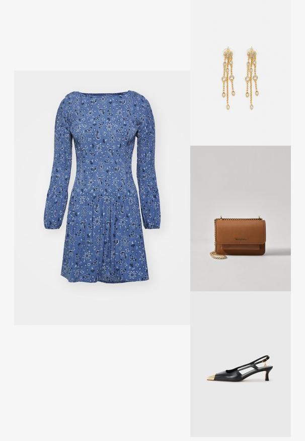 Blå blommig klänning med långa puffärmar, som har en åtsittande midja och skrynklig mittdel, tillverkad av lättviktig tyg med en texturerad yta.; Svart läderslingback-sko med spetsig tå och gyllene metallhätta. Har utskärningsdesign och en smal klack med justerbart rem.; Brun texturerad läder crossbody-väska med guldkedja och klaffstängning. Framsidan har logotypdetalj och en ficka under klaffen.; Guldtonade örhängen med flera fallande kedjor, prydda med klara ovala rhinestone-accenter och dekorativa stuvar.