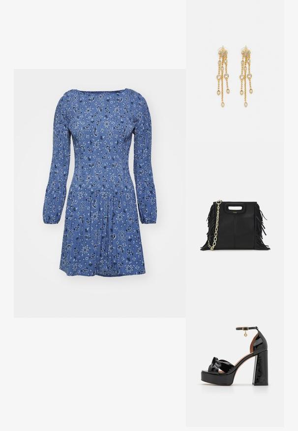 Zils ziedu kleita ar garām puffētām piedurknēm, ar pieguļošu korpusu un savilktu jostasvietu, izgatavota no viegla auduma ar teksturētu apdari.; Maje Augstpapēžu sandales - noir; Melna ādas rokassoma ar frizūras detaļām, zelta ķēdes plecu siksnu un izgrieztu rokturi. Ir logotipa novietojums priekšpusē.; Zelta tonī auskari ar vairākiem kaskādes ķēdēm, kas rotāti ar caurspīdīgiem ovāliem rhinestone akcentiem un dekoratīvām pīrsingiem.