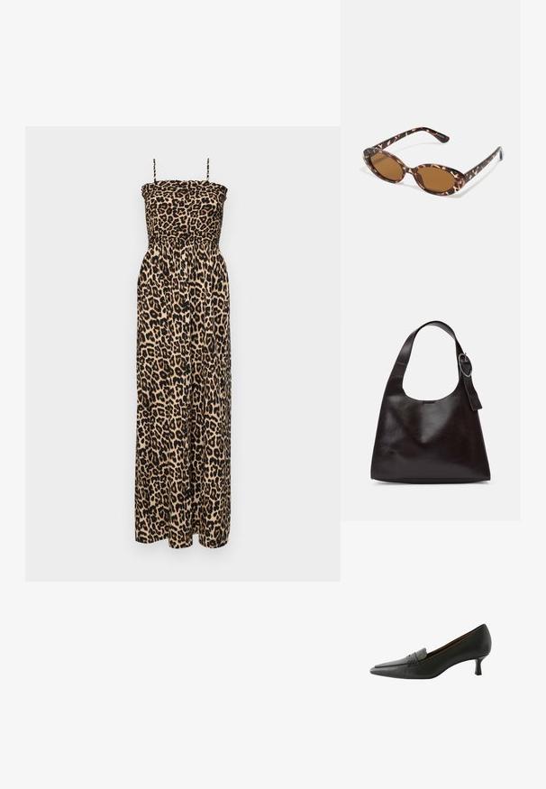 ONLY ONLCLARA SMOCK BOW DRESS - Maksikleit - black/leo; Must Kuid mustad nahast kontsad, millel on terav nina ja dekoratiivne rihm. Omab madalat stilettokeele ja sujuvat tekstuuri.; Kilpkonnakilbi stiilis prillid ovaalsete läätsedega, pruunide toonidega, õhukeste kätega, millel on tekstureeritud muster, kerge plastmassraam.; Pruun nahkne õlakott sujuva tekstuuriga, ümar kuju, laia rihmaga ja ümara metallise aktsendiga käepidemel.