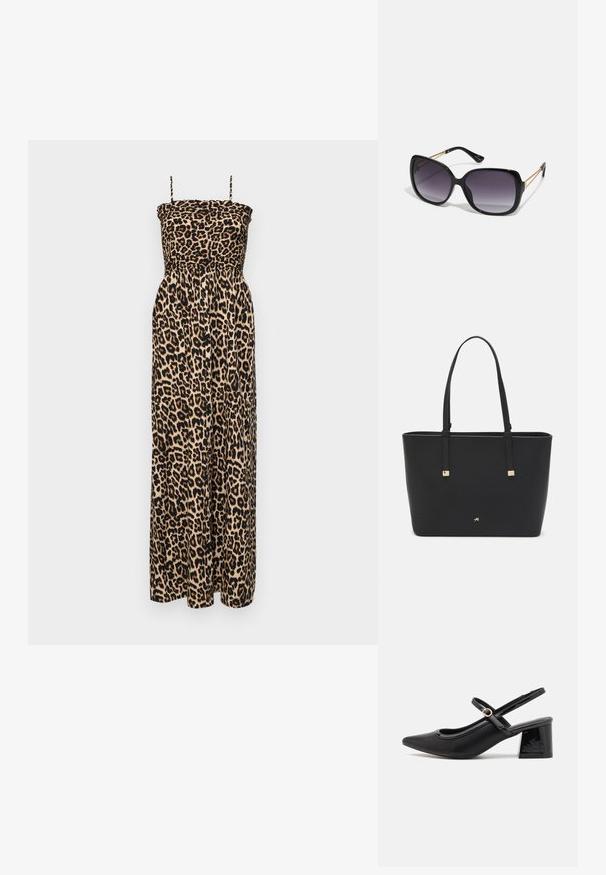 ONLY ONLCLARA SMOCK BOW DRESS - Maxikjole - black/leo; Sorte lakk lær slingback hæler med spiss tå, et avrundet utskjæringsdesign og blokkheel. Har en gulltone spenne som detalj.; Sorte oversized solbriller med gradient linser, tykke rammer og detaljering med gulltonekjede på tempelarmene.; Svart totebag laget av syntetisk materiale, med et enkelt rektangulært design, gullfargede firkantede detaljer og doble håndtak.