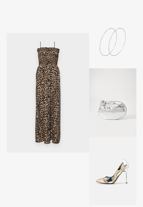 ONLY ONLCLARA SMOCK BOW DRESS - Maxi šaty - black/leo; Lodička s špičatou špičkou a kombinací stříbrné, zlaté a tělové barvy. Lesklý povrch s vykrojeným designem, s jehlovým podpatkem.; Stříbrná kovová taška s měkkým, zaobleným tvarem a uzávěrem s uzlem. Vyrobena z hladké umělé kůže.; Stříbrné kruhové náušnice s minimalistickým designem. Kruh, hladký povrch a tenký profil. Lehká konstrukce s lesklým povrchem.