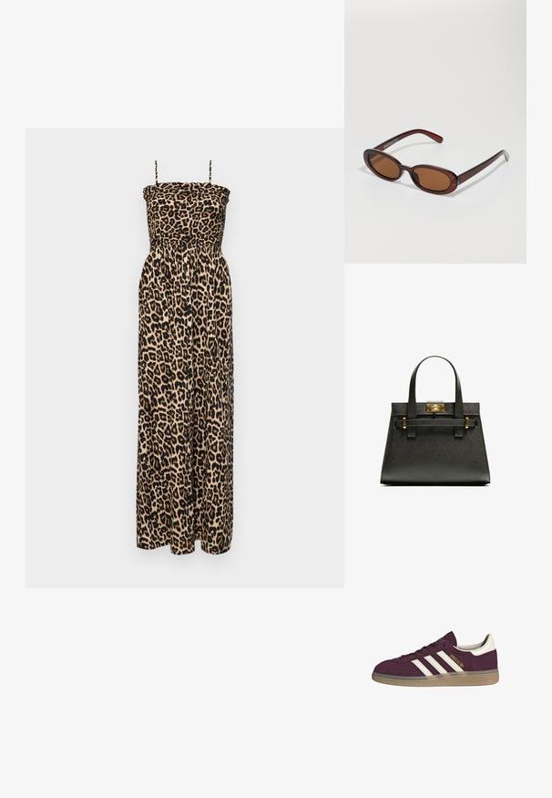 ONLY ONLCLARA SMOCK BOW DRESS - Dolga obleka - black/leo; Bordo nubuk teniske z belimi tremi črtami in bež poudarki. Ima teksturiran gumijast podplat in zlato oznako na strani.; Okrogle, rjavo obarvane sončne naočare z sijočim burgundskim okvirjem. Tanek nosilec s subtilnim logotipom. Oblika leč je ravna.; Črna strukturirana toaletna torba z kratkimi ročaji, ki ima zlat zaklep in poudarke. Oblikovanje je strukturirano, s geometrijsko silhueto.