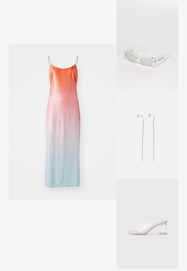 Fekete csillogó flitterekkel díszített ujjatlan ruha, amely narancsról rózsaszínre, majd világoskékra színátmenetet mutat. Finom állítható pántokkal és testhezálló fazonnal rendelkezik.; Orgonaszínű sarkú mules világos műanyag felsőrészsel és átlátszó blokk sarokkal. Simaság jellemzi, nyitott orrú dizájn, minimalista forma.; Átlátszó műanyag napszemüveg szürke lencsékkel, téglalap alakú, a szárakon domború "Versace" logóval, bemutatva a modern dizájnt.; Ezüst fülbevalók, vékony, hálószerű lánc kialakítással és egyenes rúdszerű díszítéssel, pillangó kapcsokkal a biztonságos rögzítés érdekében.