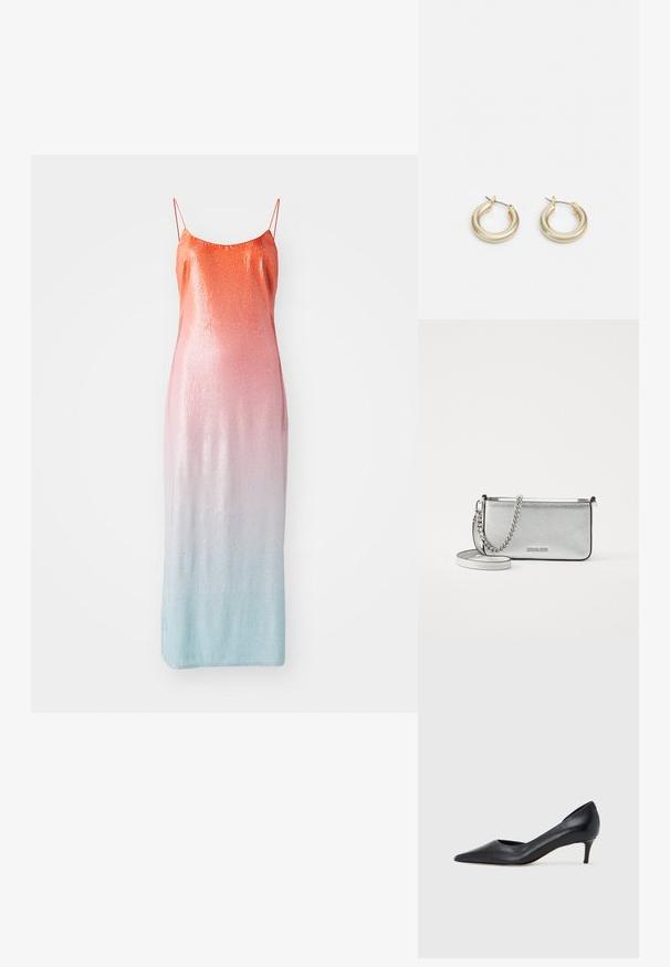 Blizgučiais dekoruota be rankovių suknelė, kurios spalvos pereina nuo oranžinės iki rožinės ir šviesiai mėlynos. Suknelė turi plonas reguliuojamas petnešas ir prigludusį siluetą.; Juodi odiniai aukštakulniai su smailiu priekeliu ir žemu kulnu. Turi lygią tekstūrą ir subtilų blizgesį. Priekyje yra atvira anga, suteikianti papildomo detalių.; Sidabrinė odinė per petį nešiojama rankinė su tekstūruotu paviršiumi, grandinėlės ir dirželio akcentais, bei užtrauktuko uždarymu. Priekinėje pusėje yra logotipas.; Lauren Ralph Lauren BASIC SMALL HOOP - Auskarai - gold-coloured