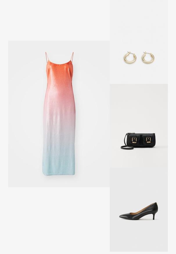 Šaty bez rukávů s ozdobnými flitry, které přecházejí od oranžové přes růžovou po světle modrou. Mají tenké nastavitelné ramínka a přiléhavý střih.; Černé kožené lodičky s špičatou špičkou, nízkým podpatkem a hladkým povrchem. Mají mírné otevření vpředu a minimální kovové prvky na zadní straně.; Černá kožená crossbody taška se dvěma předními kapsami, zlatými přezkami, zipovým uzávěrem a štíhlým popruhem. Texturovaný povrch a kompaktní obdélníkový tvar.; Lauren Ralph Lauren BASIC SMALL HOOP - Náušnice - gold-coloured