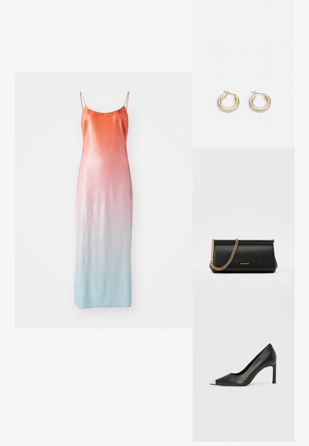 Blizgučiais dekoruota be rankovių suknelė, kurios spalvos pereina nuo oranžinės iki rožinės ir šviesiai mėlynos. Suknelė turi plonas reguliuojamas petnešas ir prigludusį siluetą.; Juodas odinis aukštakulnis batelis su smailia nosimi ir metaliniu sidabriniu galiuku. Turi lygų paviršių ir ploną 10 cm kulną.; Juodas odinis delninukas su auksine grandine, turintis lygų paviršių, stačiakampį išmatavimą ir įspaustą prekės ženklą priekyje.; Lauren Ralph Lauren BASIC SMALL HOOP - Auskarai - gold-coloured