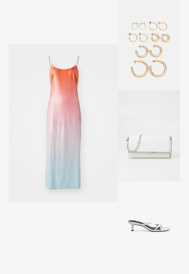 Ärmlös klänning dekorerad med paljetter och har en gradient från orange till rosa till ljusblå. Utrustad med tunna justerbara axelband och en figurnära silhuett.; Silverfärgade sandaler med klacken, korsbanddesign, slät yta och spetsig tå. Klacken är cirka fem centimeters hög.; MICHAEL Michael Kors MONA - Axelremsväska - optic white; Set av guldfärgade hoopsmycken med olika storlekar och mönster, inklusive små, medelstora och stora varianter, med släta metalliska ytor.