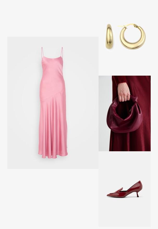 Roza satenasta maksi obleka z tankimi naramnicami, z rahlim sijajem in diagonalnim šivom na sprednji strani, ki se spušča do širšega roba.; Rdeče lakirane usnjene petke s koničastim nosom, brez zadrge, in nizko stileto peto. Gladka površina z elegantno silhueto.; Bordo usnjeni ročni torbici s mehak, nabrana zasnova in okrogla oblika. Ročaj je varen in prikazuje gladko teksturo.; Zlate uhane v obliki obroča s polirano površino, ki vključujejo zaobljeno zasnovo in zaklepanje. Eleganten, gladek površinski sloj z sijočim videzom.