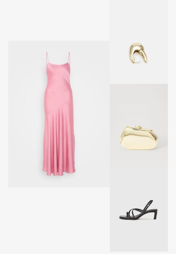 Rochie maxi din satin roz, cu bretele subțiri, o ușoară strălucire și un detaliu cu cusătură diagonală în față, fluidă până la o margine evazată.; Sandal cu barete negre, cu vârf pătrat și toc mic de bloc. Prezintă mai multe barete subțiri și o bareta ajustabilă la gleznă. Fabricat din piele netedă.; Clutch metalizat de culoare aurie, cu o formă netedă și rotundă, având un închizător tip buton în partea de sus și o curea mică pentru purtare.; Cercei din metal de culoare aurie cu un design elegant și curbat. Prezintă o formă distinctivă, ascuțită, o suprafață lustruită și un sistem de închidere cu balama.