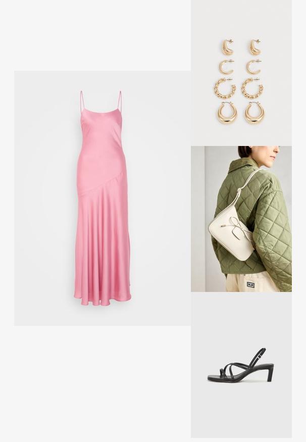 Rózsaszín selyem maxi ruha vékony, spaghetti pántokkal, enyhe fényességgel és átlós varrás részlettel az elején, ami egy bővülő szegélyhez vezet.; Fekete pántos szandál négyzetes orral és alacsony blokk sarkal. Több vékony pánttal és állítható boka pánttal rendelkezik. Sima bőrből készült.; Beige színű bőr keresztpántos táska masni részlettel, arany színű fém kiegészítőkkel és egy állítható pánttal, zöld steppelt dzsekin viselve.; Öt darab arany fülbevaló szett, különböző mintákkal: csavart, bordázott és sima felületek karika és félhold formákban.