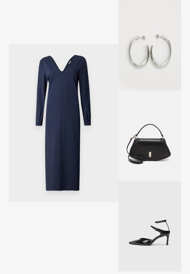 Sininen, pitkähihainen mekko, jossa on syvä V-mallinen kaula-aukko, pehmeästä kankaasta valmistettu, suora siluetti ja minimaalinen ompeluysitys.; Mustat lakatut korkokengät, joissa on terävä kärki, säädettävät nilkkahihnat ja hoikka korko. Suora pinta, joka näyttää kiiltävältä.; Mustalla nahkalaukulla, jossa on jämäkkä muotoilu, lyhyt malli, yläkahva ja kultaiset yksityiskohdat. Säädettävä olkahihna sisältyy.; Hope hopeista, joissa on sileä, kaareva muotoilu. Varustettu kiiltävällä metallipinnoitteella ja nappikiinnityksellä. Ei näkyviä kuvioita tai koristeluja.