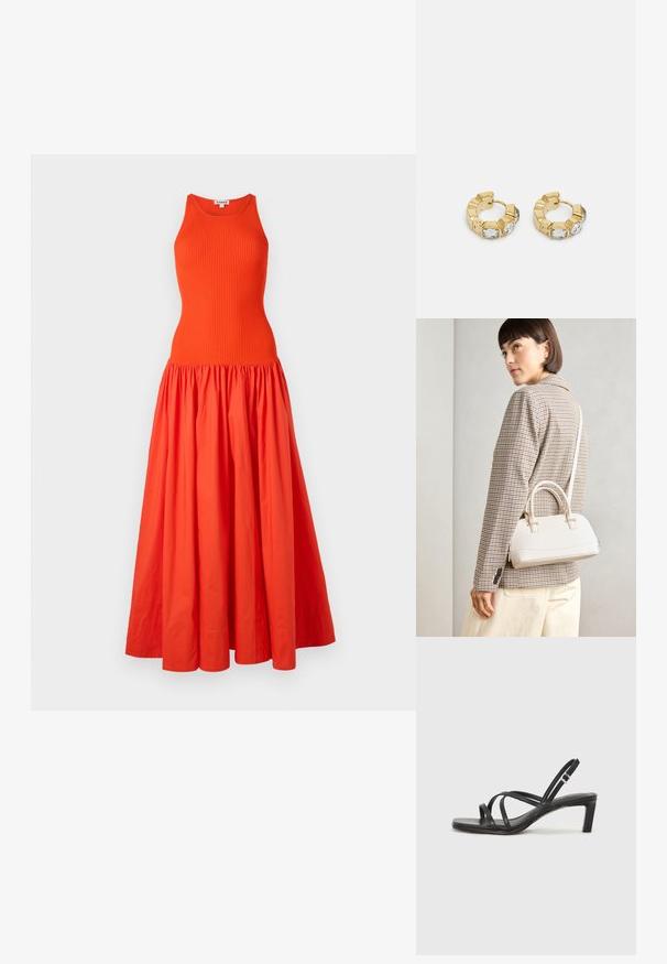 Lång orange klänning med ett ribbat, ärmlöst topp och en samlad, flödande kjol gjord av lättviktig tyg. Rent design utan några ytterligare utsmyckningar.; Svart sandaler med remmar och fyrkantig tå samt låg blockklack. Har flera tunna remmar och en justerbar ankelrem. Tillverkad av mjukt läder.; Vitt strukturerat handväska med korta handtag och en axelrem, med gyllene detaljer och texturerat material, visad mot en grå bakgrund.; Guld hoops med en texturerad design och tre klara kristallaccentuer på ena sidan, vilket ger en modern geometrisk estetik.