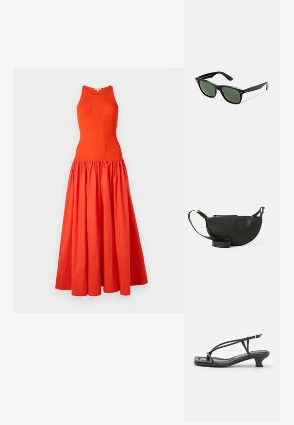 Pikk oranž kleit ribadega, ilma varrukateta ülaosa ning kogutud, voolav seelik, mis on valmistatud kerge kangast. Puhtad jooned, ilma täiendavate kaunistusteta.; Must must sandaalid, millel on õhukesed rihmad, madal plokknina ja ruudukujuline varvas. Omab kinnitust nahkel ja sile pind.; Mustad mustan plastiku prillid roheliste läätsedega, ruudukujulised raamid, hõbedane aksent kulmude peal ja tekstuuriga tempelkäed. Brändi nimi on märgitud sisevarrele.; Mustmust kott poolkuu kuju, tekstuurse pinnaga, kuldne tõmblukk ja lame rihm. Kompaktne disain, mis sobib igapäevaste essementide jaoks.