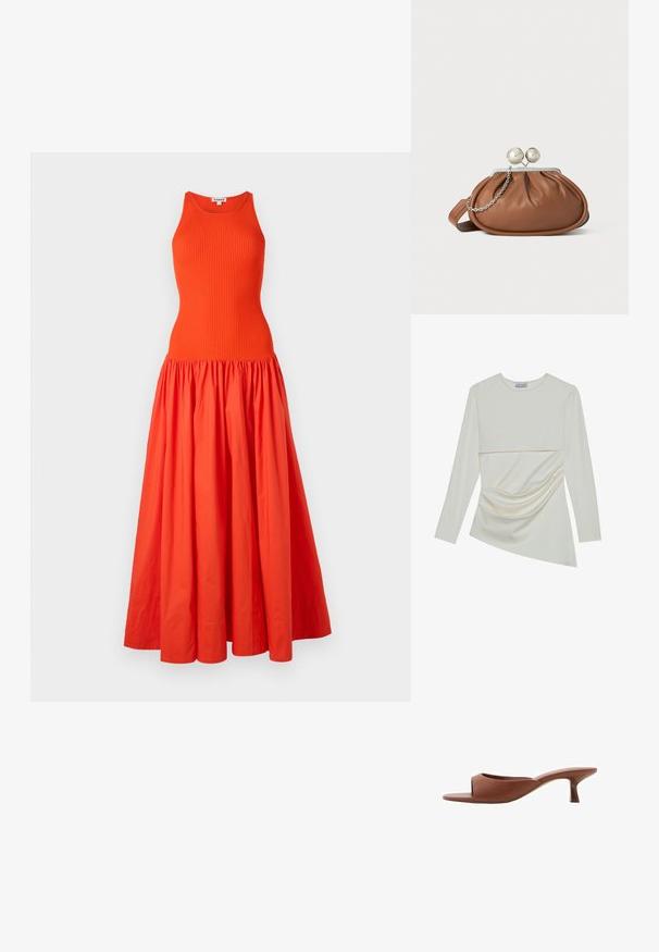Lang orange kjole med en ribbet, ærmeløs top og en samlet, flydende nederdel lavet af letvægtsstof. Rent design uden yderligere udsmykninger.; Langærmet bluse i cremefarve med en rund halsudskæring, der har et lagdelt design og rynkede detaljer i den nederste sektion. Blødt stof med en glat tekstur.; Brune åbne tå hæle mules med en glat, mat finish, der har et buet design og en gennemsigtig, afsmalnende hæl.; Brun læder clutch-pung med sølv kugleklap og en lille sølv kædedetalje på en hvid baggrund.
