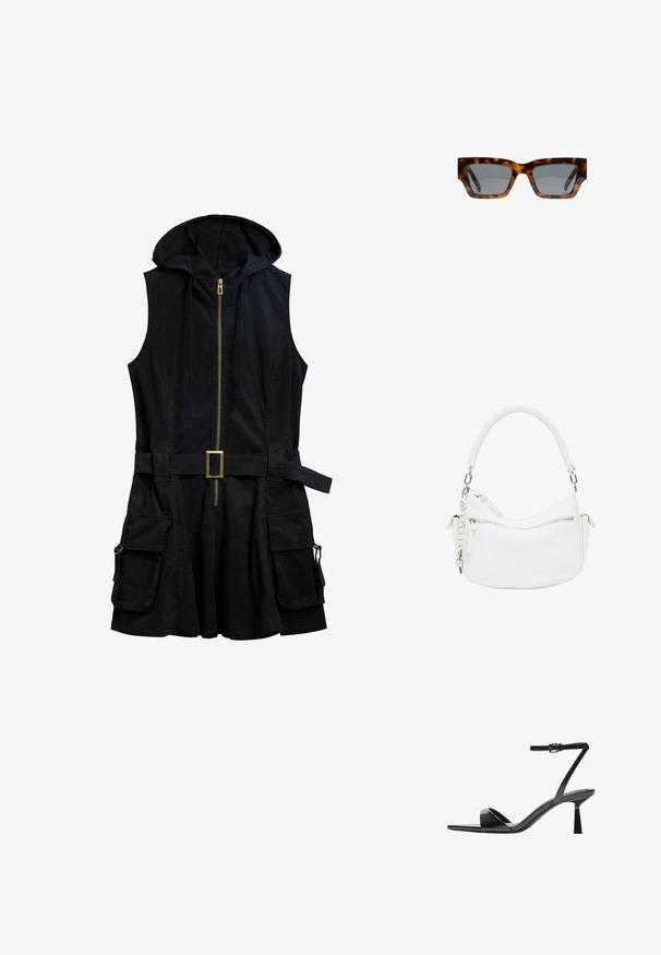Abito nero senza maniche con cappuccio, zip frontale e cintura. Presenta tasche laterali con dettagli in metallo e una vestibilità comoda.; Bershka Sandali con tacco - black; Occhiali da sole tartarugati con montatura angolare, lenti grigie e una finitura liscia. Presentano un audace design geometrico e stecche spesse.; Borsa bianca in ecopelle con una forma curva, manico texturizzato, accessori in argento e una tasca con zip. Presenta un logo in rilievo.