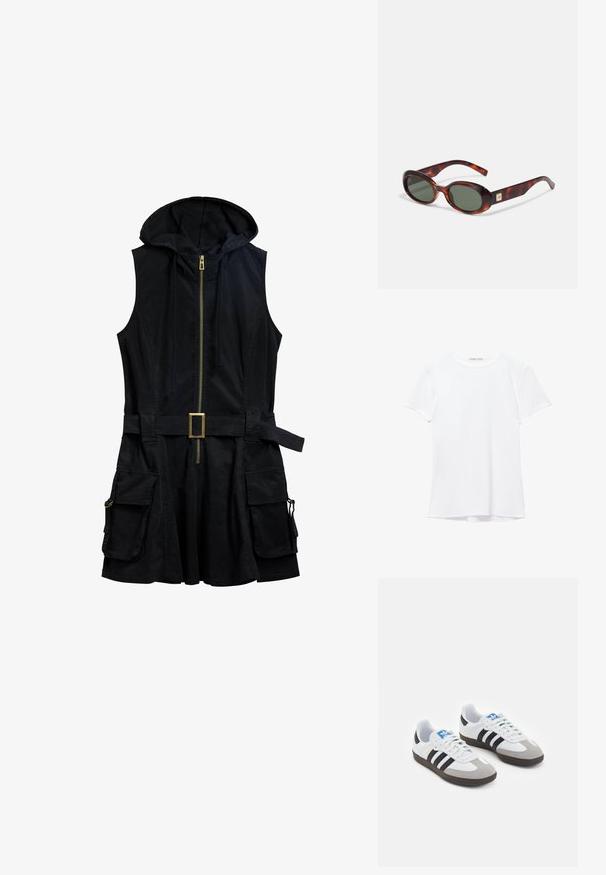 Schwarzes ärmelloses Kleid mit Kapuze, vorderem Reißverschluss und einem Gürtel. Verfügt über Seitentaschen mit Hardware-Details und einem lässigen Schnitt.; Weißes T-Shirt mit kurzen Ärmeln aus glatter Stoffqualität, mit rundem Ausschnitt und dezenten Nähten am Saum.; Sportschuhe mit einem Obermaterial aus weißem Leder, grauer Wildleder-Zehenkappe und drei schwarzen Streifen. Sie verfügen über ein blaues Logo auf der Zunge und eine strukturierte Gummisohle.; Schildkrötenmuster Sonnenbrille mit dunklen Gläsern, ovaler Form und breiten Bügeln. Verfügt über eine kleine goldene Akzentuierung an der Seite. Hergestellt aus glattem Kunststoff.; Weißes Handtasche mit geschwungener Silhouette, strukturiertem Leder, goldenen Beschlägen und einem abnehmbaren Tragegurt mit Logo- und Schnallendetails.