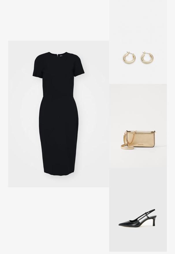 Must musträtik, lühikeste varrukatega, ümmarguse kaelusega ja põlvepikkuse äärega. Valmistatud siledast kangast, sisaldab diskreetset tagumist tõmblukku.; Mustmust paelad, millel on terav varvas, tekstuuriga maduprindiga, reguleeritav rihm ja lühike tekstuuriga plokknina.; Metalliseeritud kullast nahkklamber, millel on tekstiilfiniš, kuldne ketstrap ja eemaldatav õlavarre rihm. Brändi logo on sisse pressitud.; Lauren Ralph Lauren BASIC SMALL HOOP - Kõrvarõngad - gold-coloured