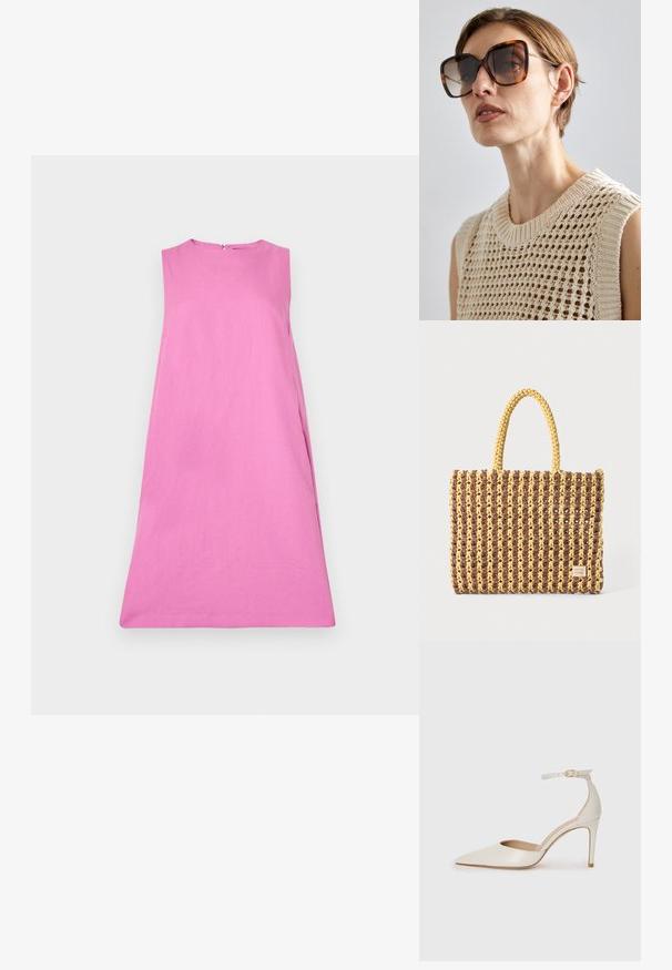 WEEKEND MaxMara RACER - Vapaa-ajan mekko - pink; Valkoinen nahkainen korkokenkä, jossa on terävä kärkinen muoto, nilkkaremmi ja kapea korko. Suora pinta, jossa on hienovarainen kiiltävä viimeistely.; CHLOÉ Aurinkolasit - brown; Kudotasku ruskeana ja keltaisena, jossa on suorakulmainen muoto, kaksi kantohihnaa ja teksturoitu pinta, jossa näkyvät ompeleet ja brändilappu.