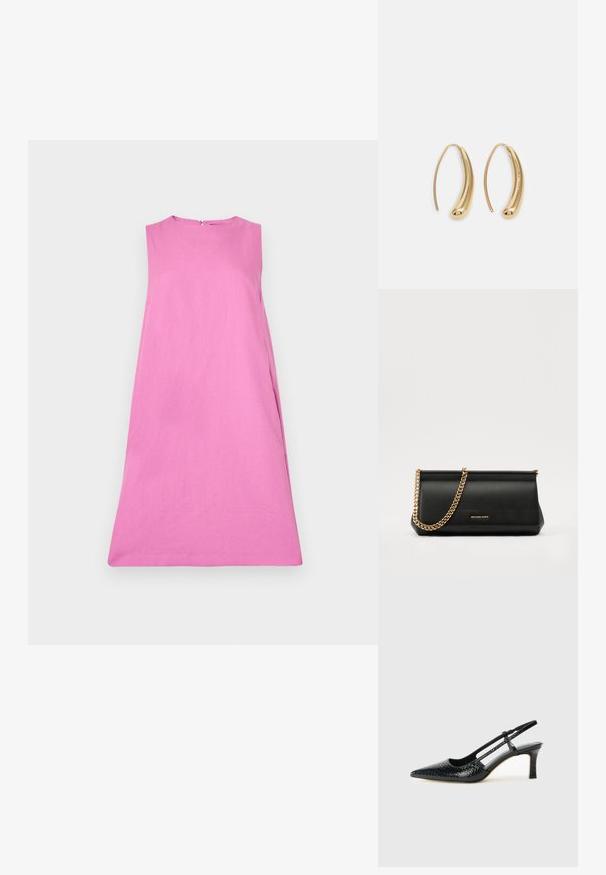 WEEKEND MaxMara RACER - Dnevna obleka - pink; Črne lakaste slingback pete s koničastim nosom, ki imajo teksturiran vzorec kačje kože, nastavljiv trak in kratek teksturiran blok peto.; Črna usnjena torbica z zlatim verižnim trakom, z gladko teksturo, pravokotno obliko in embosiranim logotipom spredaj.; Zlato-tonirani kovinski uhani v obliki obroča s krivuljo in podolgovato obliko. Imajo gladko, sijočo površino in zaobljen vrh za dodaten detajl.