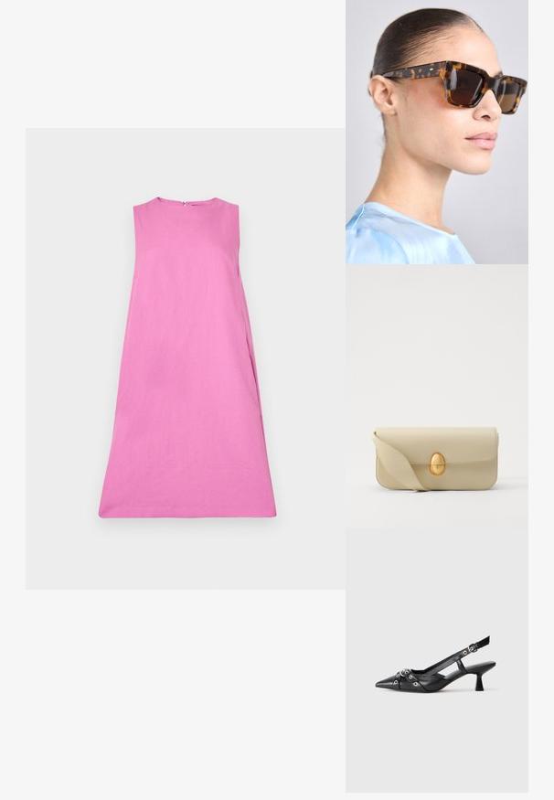 WEEKEND MaxMara RACER - Rochie de zi - pink; Pantofii slingback din piele neagră, cu vârful ascuțit, curele decorative cu ochiuri din metal și toc bloc mic. Suprafață texturată.; Ochelari de soare cu ramă rectangulară, groasă, din material tortoiseshell. Lentile întunecate și accente aurii pe brate. Finisaj lucios și neted.; Geantă de mână din piele bej, cu o textură netedă, formă rectangulară și un închizător oval auriu. Dispune de o curea lungă, ajustabilă.