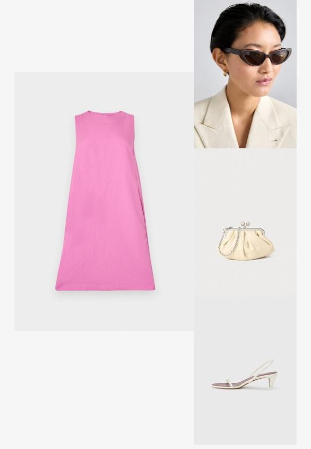 WEEKEND MaxMara RACER - Vapaa-ajan mekko - pink; Valkoiset nilkkaketjulliset sandaalit, joissa on pieni korko, ohuet hihnat ja sileä nahkapinta; varustettu pienellä koristeellisella soljella.; Ruske katseilorrimät, joissa on tummat linssit, paksut kehykset ja sileä pinta, yhdistettynä beigelle bleiserille ja kultaisille rengaskorville.; Beige nahkaista kassi, jossa on laskostus ja hopeinen metallirunko, kaksi pyöreää koristeellista solkea sekä hopeaketjuolkayh.