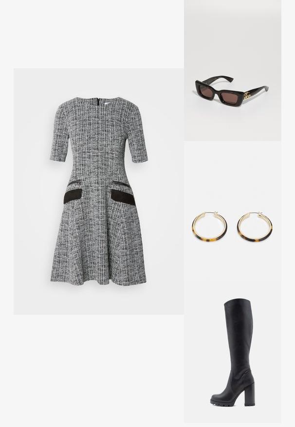 Γκρι και λευκό φόρεμα με σχέδιο, κοντά μανίκια, εφαρμοστό κορσέ, φουσκωτό μίνι και μαύρες σουέτ λεπτομέρειες στις τσέπες. Κλείσιμο με φερμουάρ πίσω.; Μαύρη μπότες μέχρι το γόνατο, από λείο δέρμα, με φαρδύ τακούνι, στρογγυλή μύτη, υφασμάτινη σόλα με λαβή, κομψός σχεδιασμός χωρίς διακοσμητικά στοιχεία.; Μαύρα γυαλιά ηλίου από τιρμπαζά με ορθογώνιους φακούς, καφέ απόχρωση, παχύ σκελετό και χρυσή λεπτομέρεια διπλού λογότυπου G στον βραχίονα.; Χρυσές σκουλαρίκια κρίκοι με φίνιρ που απεικονίζει διακόσμηση από καβουριάρικο, διαθέτοντας λεία επιφάνεια και κομψό, κυκλικό σχήμα.
