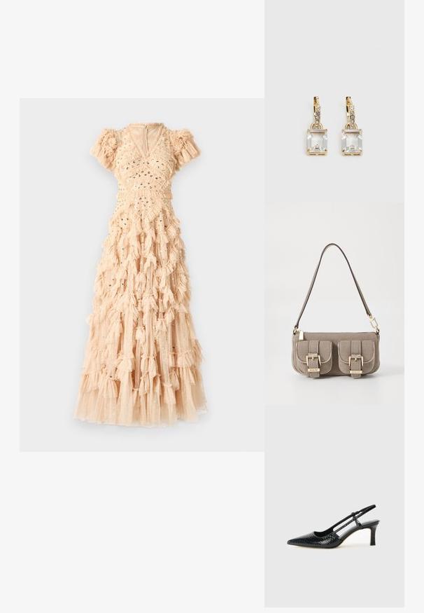 Maxikleid in einer sanften Nude-Farbe, mit einem fransigen Design, verstreuten Pailletten, Puffärmeln und einem V-Ausschnitt. Hergestellt aus leichtem, strukturiertem Stoff.; Schwarze Lack-Slingback-Pumps mit spitzem Zehenbereich, versehen mit strukturiertem Schlangenprint, verstellbarem Riemen und einem kurzen, strukturierten Blockabsatz.; Beige strukturiertes Handtäschchen mit verstellbarem Tragegurt, zwei vorderen Taschen, die mit Schnallen gesichert sind, und goldenen Metallakzenten. Reißverschlussöffnung oben.; Ohrringe in Goldfarbe mit einem rechteckigen, durchsichtigen Kristall, der unter einer Reihe kleiner, runder klarer Akzente hängt. Elegantes, modernes Design.