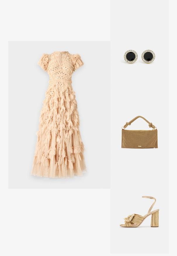 Maxi dress in a soft nude color, featuring a frilled design, scattered sequins, puff sleeves, and a V-neckline. Made of lightweight, textured fabric.; Gold heeled sandals with a knotted front, pleated texture, and an ankle strap. The block heel has a ribbed design, enhancing grip.; Gold mesh handbag with a textured finish, a knotted handle, and a zip closure. Features a subtle brand tag on the front.; DKNY INLAY STUD - Earrings - black/gold-coloured
