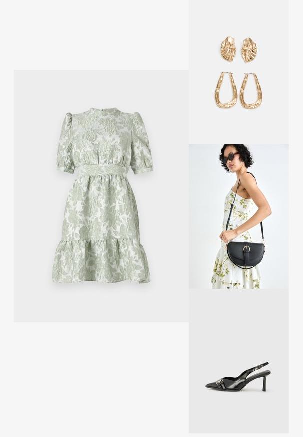 Világoszöld virágmintás ruha rövid puffos ujjakkal, magas nyakkal és övvel meghúzott derékkal, réteges szoknyával és textúrált anyaggal.; Fekete lakk bőr, hegyes orrú slingback cipő, boka pántokkal, ezüst csatokkal és hardverelemekkel, valamint karcsú sarkú.; Fekete bőrtáska ívelt formával, levehető pánttal és arany színű fémrészekkel. A táskán egy csattal díszített fedél található.; Aranyszínű fülbevalók, texturált, hullámos formákkal. Tartalmazza a szobrászati klipszes studokat és az open hoop kialakítást, kalapácsos felülettel.