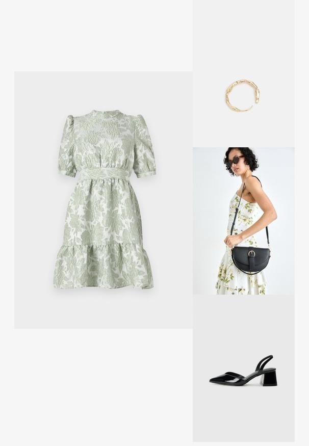 Svetlozelené šaty s kvetinovým vzorom, krátkymi pufovanými rukávmi, vysokým výstrihom a pásom, s vrstvenou sukňou a textúrovanou látkou.; Čierne lakované kožené sandálové podpätky s špicatou špičkou a geometrickým blokovým podpätkom. Disponujú elegantným, minimalistickým dizajnom a hladkým povrchom.; Čierna kožená kabelka s zaobleným tvarom, odnímateľným popruhom a zlatými doplnkami. Kabelka má klopu s detailom s prackou.; Prsteň v zlatej farbe s organickým, skrúteným dizajnom, hladkým povrchom a zužujúcimi sa koncami, vytvárajúci moderný, sochársky vzhľad.