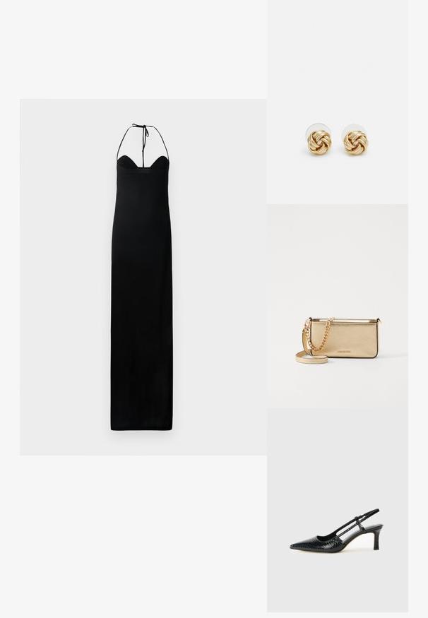 Crna maksi haljina s krojem koji se prilagođava tijelu, s vezanjem oko vrata i glatkom teksturom. Ima ravni siluetu bez dodatnih ukrasa.; Crne lakirane slingback pete s oštrim vrhom, s teksturiranim uzorkom zmijske kože, podesivom remenom i kratkom, teksturiranom blok-petom.; Metalna zlatna kožna torbica s teksturiranom površinom, opremljena zlatnim lancem i uklonjivom naramenicom. Utisnuti logotip branda.; Naušnice na stud s zlatnim tonom i uvrnutim dizajnom. Svaka naušnica ima okruglu prozirnu podlogu za sigurno nošenje.