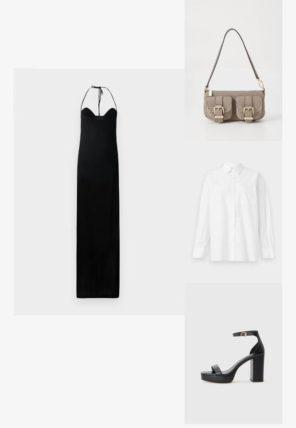 Črna maxi obleka z oprijetim korzetom, zavezovanjem za vrat in gladko, sijajno teksturo. Ima raven silhueto brez okrasnih elementov.; Bela srajca z dolgimi rokavi iz bombaža, z klasičnim ovratnikom, gumbnim zapiranjem in enim žepom na levi strani.; Črne platformske sandale z debelim blokom, iz gladkega usnja, odprto obliko prstov in trakom okoli gležnja z zlatim sponko.; Bežna teksturirana torba z nastavljivim trakom, z dvema sprednjima žepoma, zaklenjenima s sponkami, ter z zlatimi kovinskimi dodatki. Zadrga na vrhu.
