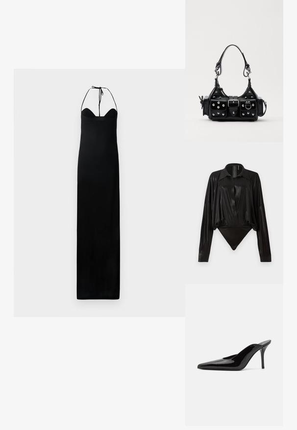 Crna maksi haljina s krojem koji se prilagođava tijelu, s vezanjem oko vrata i glatkom teksturom. Ima ravni siluetu bez dodatnih ukrasa.; Crni bodi s dugim rukavima, V-izrezom i prilagođenim siluetom. Izrađen od sjajnog, glatkog materijala s strukturiranim ovratnikom i manžetama.; Crne lakirane kožne visoke potpetice mule s šiljastim prstom i elegantnom siluetom, s otvorenom poleđinom i vitkom stiletto potpeticom.; Crna kožna torba s zakrivljenim dizajnom, koja sadrži srebrne zakovice, kopču i dva bočna džepa. Podesiva traka za različite opcije nošenja.