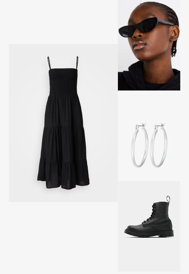 Mustaha, ilmanhihoinen mekko, jossa on tiukasti muotoiltu smockattu yläosa ja kerroksellinen, liehuva hame. Valmistettu kevyestä kankaasta, jossa on säädettävät olkaimet.; Musta nahkasaapas taisteluun, jossa on pyöreä kärki, nauhakiinnitys etuosassa ja vetolenkki nilkassa. Varustettu paksulla kumipohjalla kestävyystä varten.; Musta kissansilmäaurinkolasit, joissa on matta pinta, tyylikkäällä muotoilulla ja pehmeästi kaarevilla reunoilla, mallitummissa vaatteissa.; Hope-silver rengas, joissa on sileä ja kiillotettu pinta. Pyöreä muoto ja turvallinen napsautettava lukitus. Kevyt muotoilu sopii päivittäiseen käyttöön.