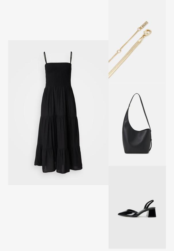 Crna haljina bez rukava s uklopljenom čipkastom korzetom i slojevitom, lepršavom suknjom. Izrađena od lagane tkanine, s podešivim trakama.; Crne lakirane kožne sandale s otvorenom petom i špicastim vrhom, s geometrijskom blok petom. Imaju elegantan, minimalistički dizajn i glatku teksturu.; Crna kožna hobo torba s glatkom teksturom, zakrivljenim oblikom i jednom podesivom trakicom; ima širok otvor na vrhu.; Lanac zlatne boje s kopčom u obliku jastoga i malom oznakom s natpisom "PILGRIM." Ima glatku, teksturiranu površinu i elegantan, izdignut dizajn.