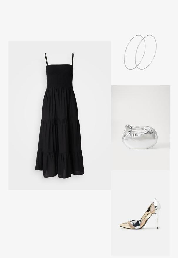 Juodas, be rankovių suknelė su prigludusia smulkinto kūno dalimi ir daugiasluoksniu, laisvai krentančiu sijonu. Pagaminta iš lengvos medžiagos, su reguliuojamomis petnešomis.; Aštrus pirštas aukštakulnis batelis su sidabro, aukso ir nuogų spalvų deriniu. Blizgus paviršius su išpjovos dizainu, su stiletto kulnu.; Sidabrinė metalinė maišelio forma su švelnia, apvalia forma ir mazgu užveriamu viršumi. Pagaminta iš lygios dirbtinės odos medžiagos.; Sidabrinės pusmėnulio auskarai minimalistiniu dizainu. Apskritimo forma, lygus paviršius ir plonas profilis. Lengvi su poliruotu apdailu.